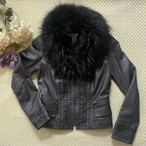 Cache Leather/Raccoon Collar Bomber Jacket